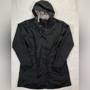 Women’s Athleta Black Hooded Utility soft-shell lined trench coat size Large